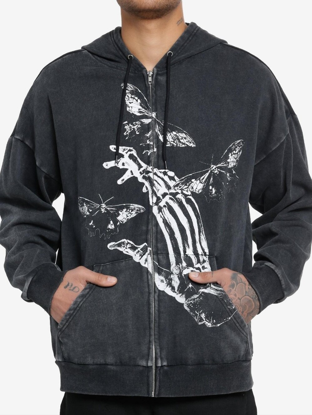 Cosmic Aura Skeleton Hand Moth Oversized Hoodie Size S Full Zip Goth